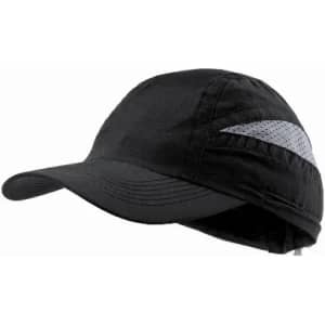 A black cap with a reflective stripe, featuring a rounded peak and breathable fabric.