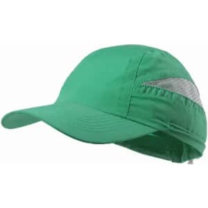 A green cap with a reflective side panel and a curved brim. It features a sporty design suitable for outdoor activities.