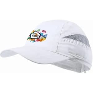 A white running cap with colourful floral designs and a reflective band on the sides. It features a logo on the front.
