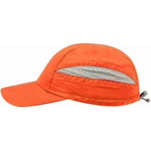 A cap in vibrant orange with mesh panels for ventilation and an adjustable strap at the back.