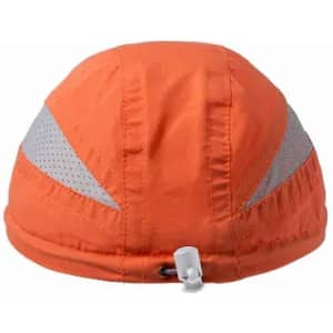 A cap in bright orange with reflective stripes and a drawstring at the back. Suitable for visibility and outdoor use.