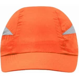 An orange cap with reflective detailing on the sides, featuring a curved brim and a structured design.