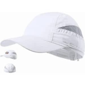 A white cap with a curved peak and a grey accent, featuring a logo on the front.