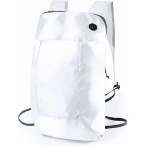 A backpack in shiny white with a front pocket and adjustable straps, featuring a round button detail.