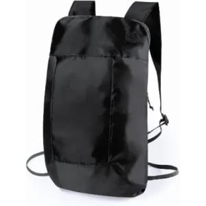 A black backpack featuring adjustable straps and a smooth, shiny exterior. It has a logo on the front.