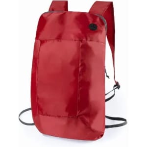 A red backpack with adjustable straps and a front pocket, featuring a logo on the side.