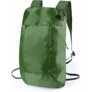 A green backpack with sleek design and adjustable straps. Features a pocket on the front and a logo.