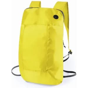 A backpack in bright yellow with grey straps and a front pocket. It has a circular fastening on the side.