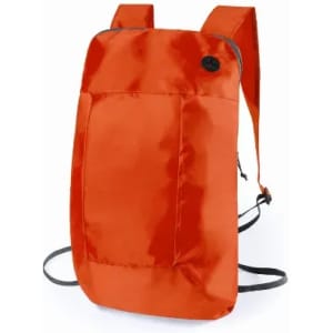 An orange backpack with a glossy finish and adjustable straps, featuring a simple design and a front pocket.