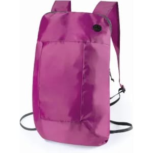 A backpack in a vibrant pink colour with adjustable straps and a front pocket, featuring a logo.