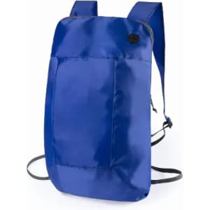 A blue backpack with adjustable straps and a front pocket. It features a logo on the exterior.