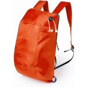 An orange backpack featuring a front pocket and headphone port, designed for practical use and comfort.