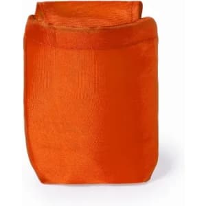 An orange backpack made of a smooth, shiny fabric, featuring a structured shape and a small opening at the top.