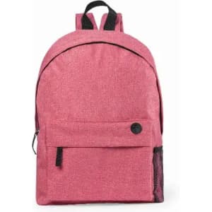 A pink backpack featuring a front pocket and a mesh side pocket. It has two shoulder straps and a logo.