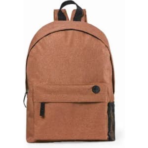 A brown backpack with a textured fabric, featuring a front pocket and a mesh side pocket. There is a logo on it.