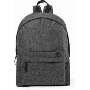 A grey backpack with a zippered front pocket and two adjustable straps on the back. Features a subtle logo.