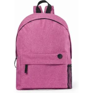 A pink backpack with a front pocket and adjustable straps, featuring a textured fabric and side mesh pocket.