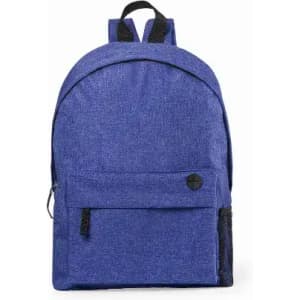 A blue backpack with a front pocket and black trim, featuring adjustable straps and a logo.