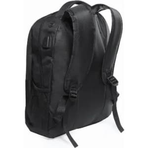 A black backpack with adjustable straps and mesh side pockets, featuring a simple design and no visible logos.