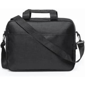 A black messenger bag with a handle and shoulder strap, featuring a simple design and no visible branding.
