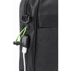 A black bag featuring an audio port with connected green earbuds and a white charging cable.