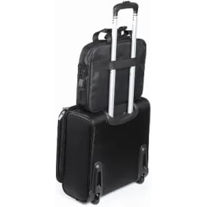 A black suitcase with a retractable handle and a smaller black bag resting on top, secured in place.
