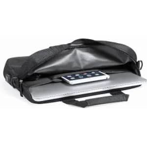 A black laptop bag with a padded interior, containing a laptop and a tablet inside. It has a handle for carrying.