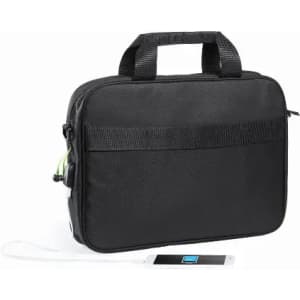 A black laptop bag featuring dual handles and a side pocket, designed for portability and organisation.