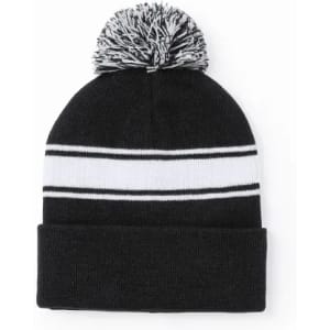 A black knit beanie with a white stripe and a pom-pom on top. It features a folded cuff.