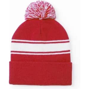 A red beanie with a pom-pom on top and white striped detailing. It features a folded cuff design.