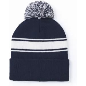 A knitted beanie in dark navy with white stripes and a pom-pom on top. It features a folded cuff.