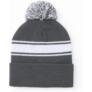 A grey beanie with a white and black striped pattern and a pom-pom on top.
