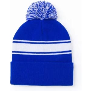 A blue beanie with white stripes and a pom-pom on top, featuring a knitted texture.