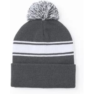 A beanie hat in dark grey with a white stripe and a pom-pom on top. It features a knitted texture.