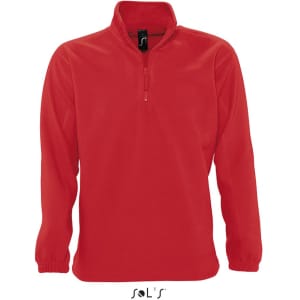A red men's polar fleece top with a 1/4 zip, featuring long sleeves and a branded label.