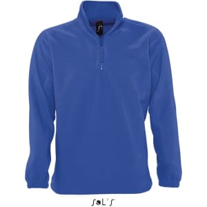 A polar fleece top in blue featuring a 1/4 zip design. It has long sleeves and a branding logo.