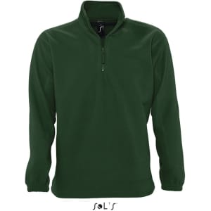 A men's dark green polar fleece top with a 1/4 zip and long sleeves, featuring a logo on the collar.