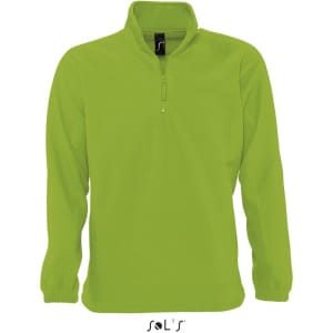 A bright green men's polar fleece top with a 1/4 zip, featuring long sleeves and a logo.
