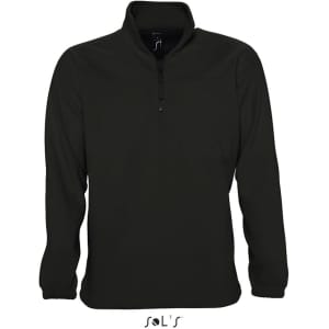 A men's black polar fleece top featuring a 1/4 zip and long sleeves, with a logo at the bottom.