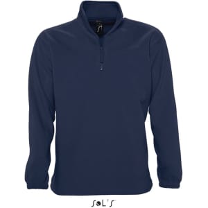 A navy blue polar fleece top featuring a 1/4 zip and an elasticated hem. It has a logo on the collar.