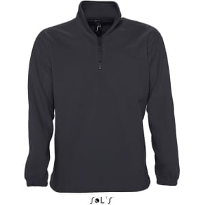 A dark grey men's 1/4 zip polar fleece top with long sleeves and a logo at the bottom.