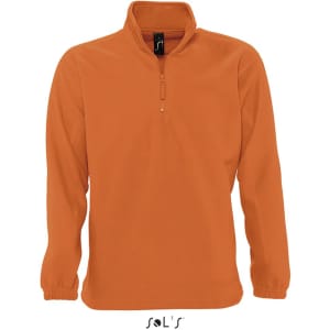 An orange men's polar fleece top featuring a 1/4 zip and long sleeves, with a logo at the bottom.