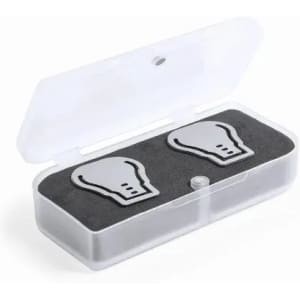 A clear case containing two silver items shaped like lightbulbs, resting on a dark foam base.