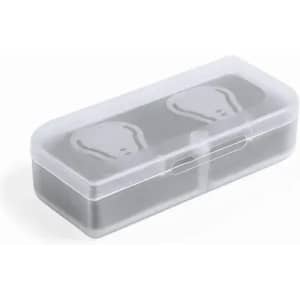 A clear storage box containing two smaller compartments, featuring a hinged lid and a simple design.