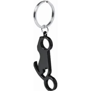 A keychain featuring a black, stylised bottle opener design with a metal ring.
