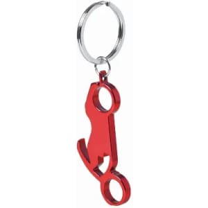 A red metal keychain shaped like a cat with a keyring attachment.