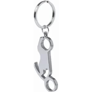 A keychain bottle opener in a sleek silver finish with a minimalist design and a logo.