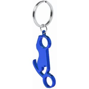 A blue keyring in the shape of a cat, featuring a metal keychain loop.