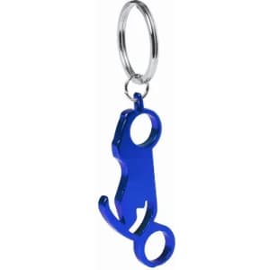 A keychain bottle opener in blue, shaped like a lizard with a metal ring for attachment.