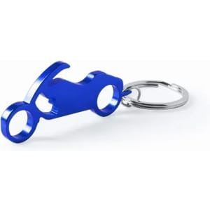 A blue keychain in the shape of a car, featuring a metal attachment ring.